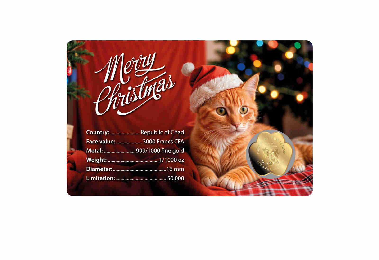 Goldmünze Motiv "Katze mit Weihnachtsmütze" Coincard 999/1000 Gold Geschenk