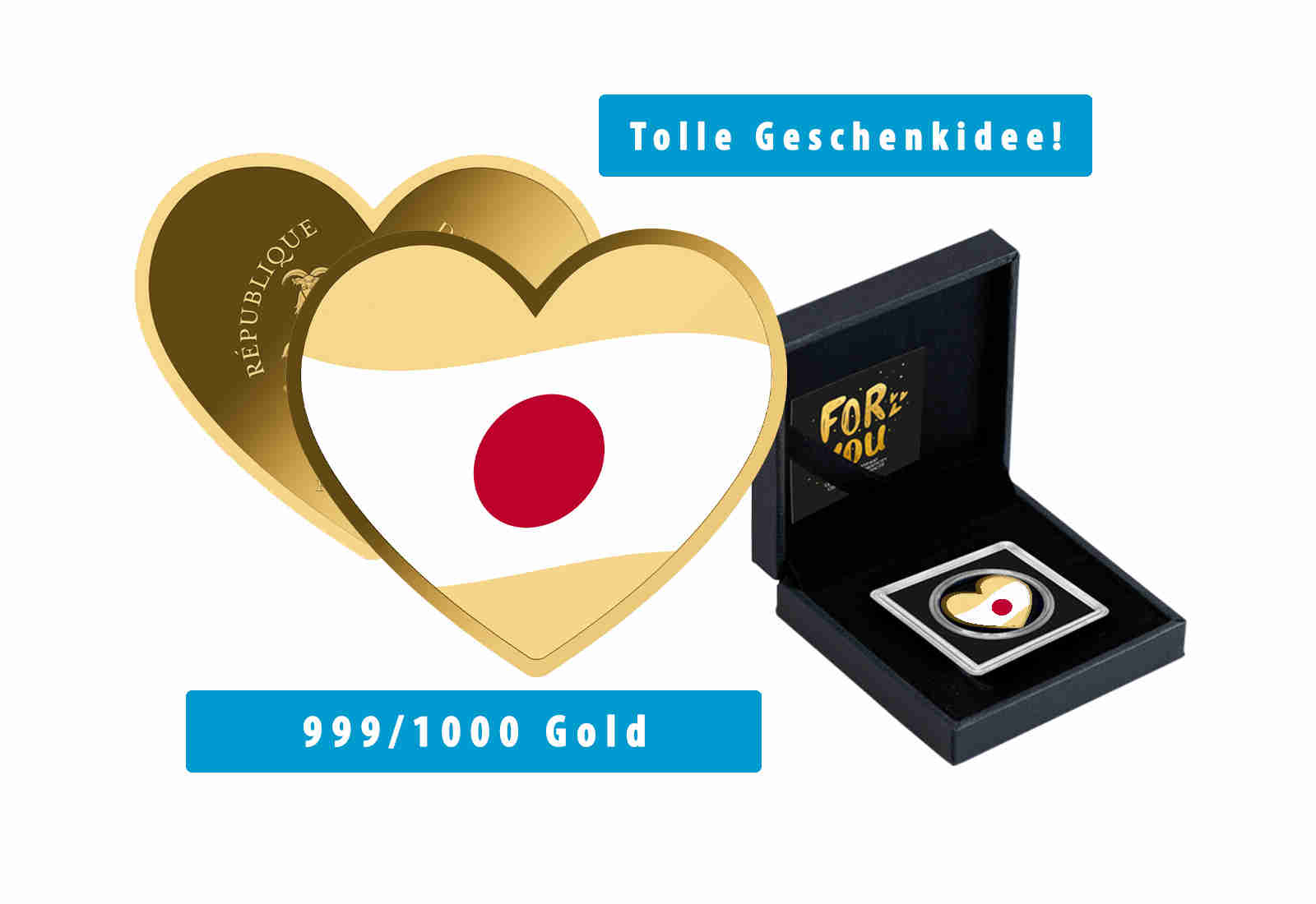Goldmünze Motiv "Ein Herz für Japan" 999/1000 Gold im Geschenketui