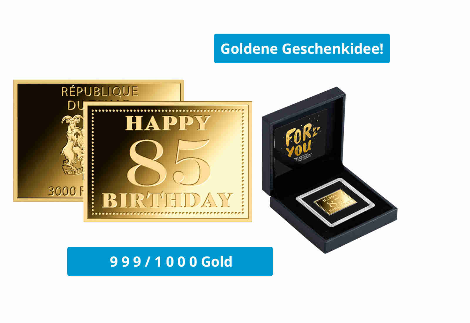 Goldmünze Motiv "Happy 85th Birthday" 999/1000 Gold im Geschenketui