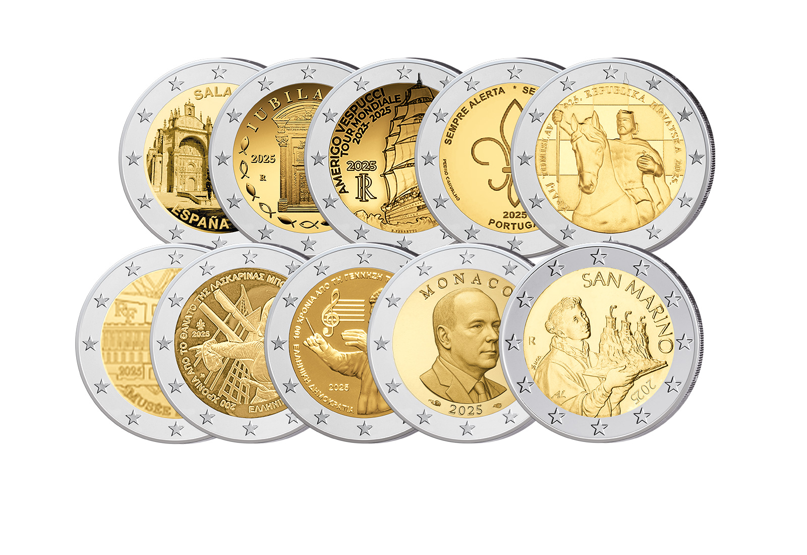 10er Sparset 2 Euro 2025 inklusive Münzkapseln und Münzalbum