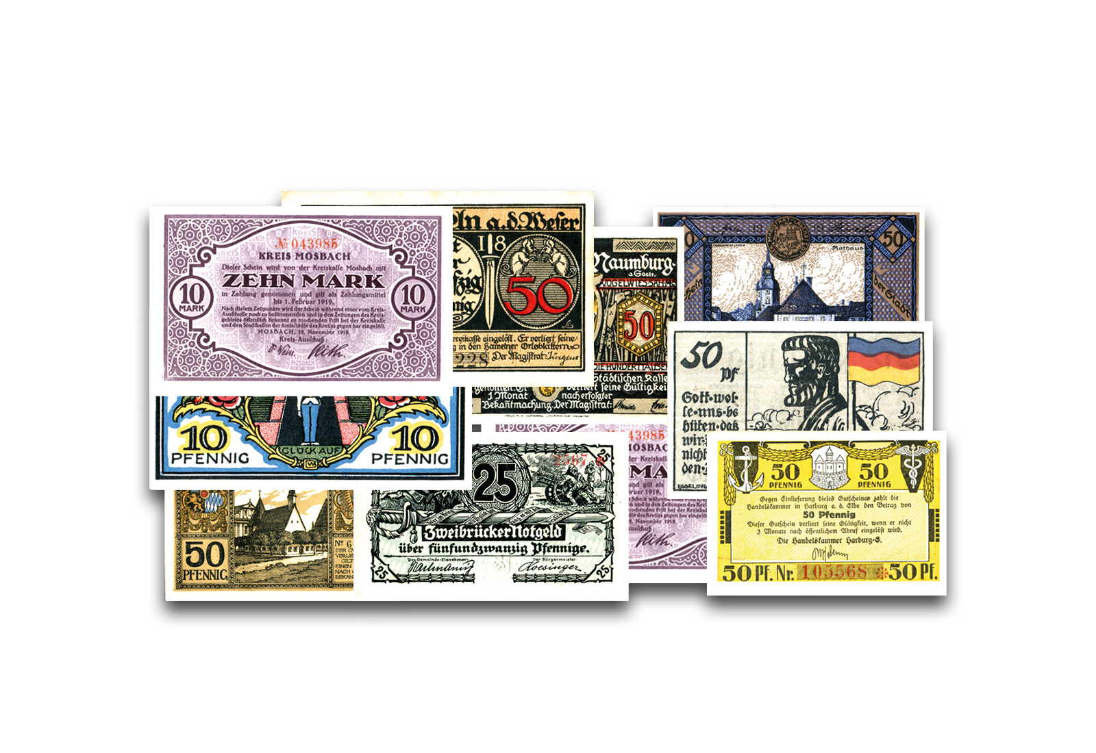 Notgeld Sammlung Deutsches Reich 1916-1923 Deutsches Notgeld 10 verschiedene Banknoten