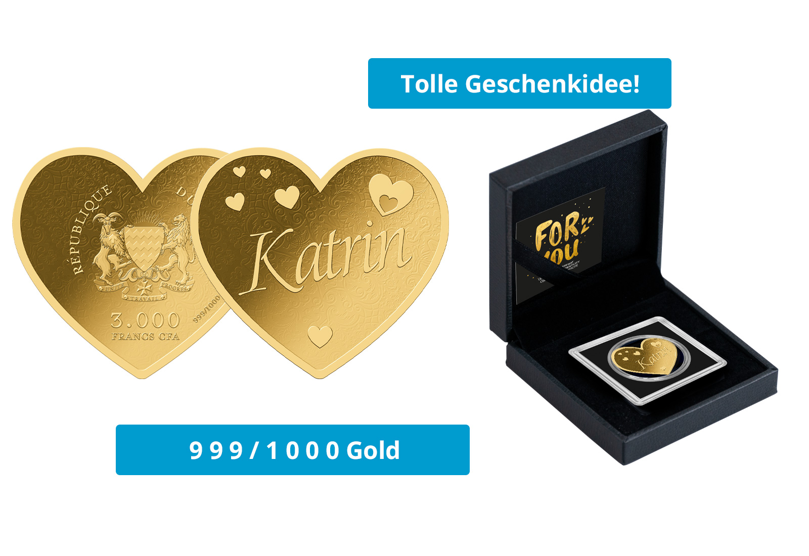 Goldmünze Motiv "Herz Katrin" 999/1000 Gold im Geschenketui