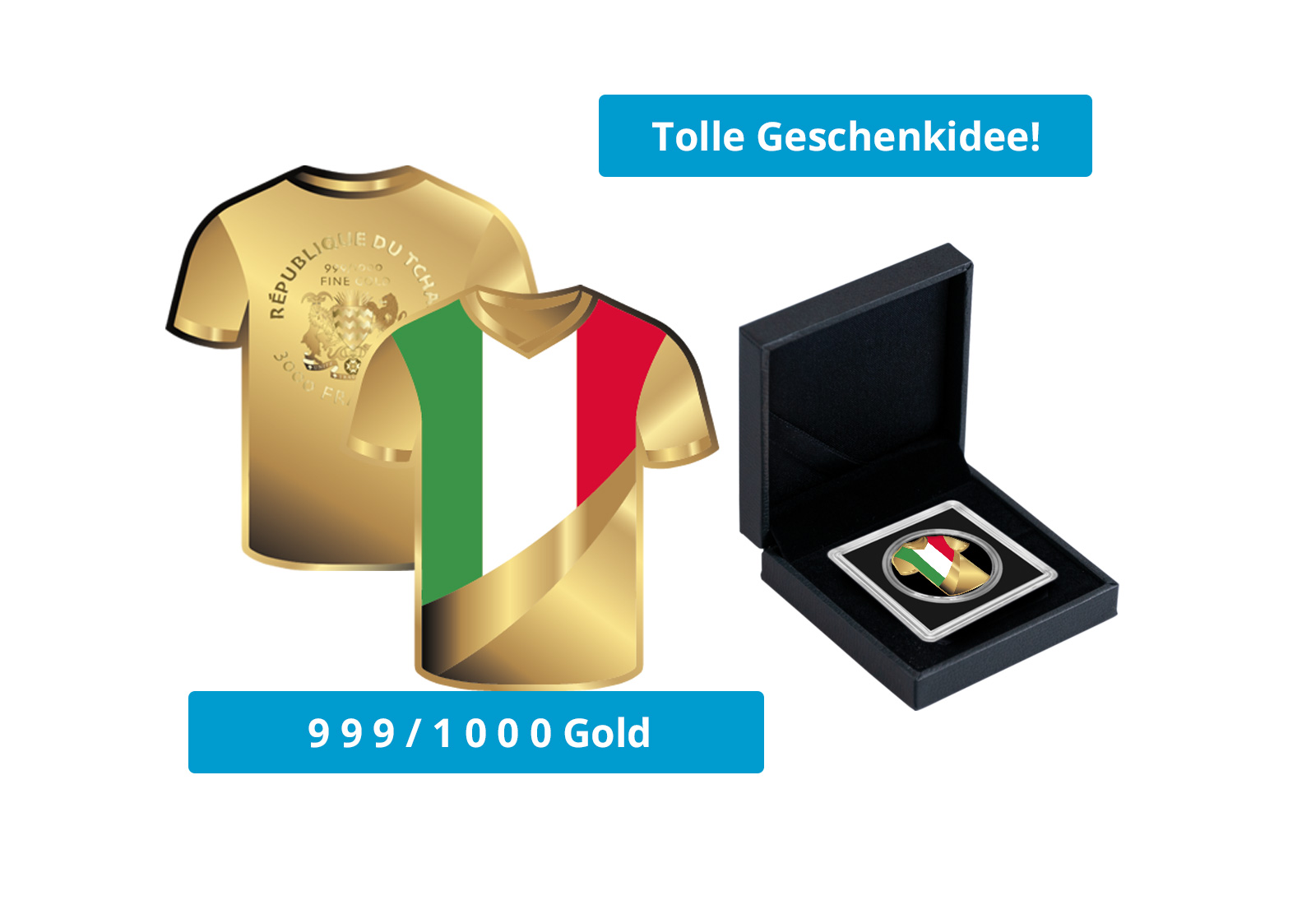 Goldmünze Motiv "Trikot Italien" 999/1000 Gold im Geschenketui