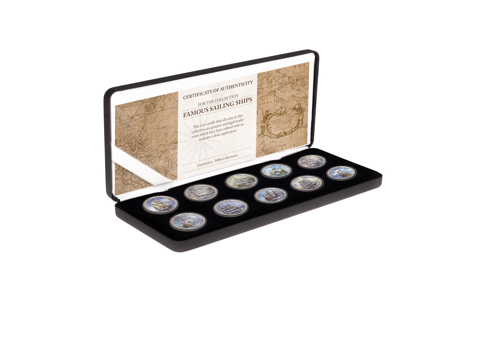 Berühmte Segelschiffe 10er Kollektion mit Farbmotiv im Etui inkl. Zertifikat
