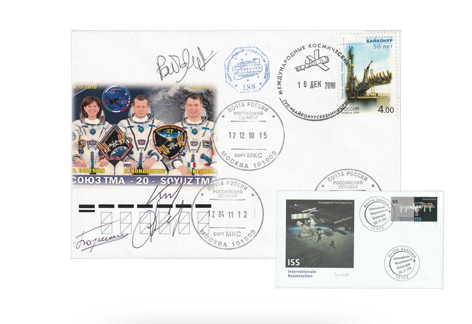 Weltraumbeleg Sojus TMA-20 2010 beförderter Begleitbrief inkl. 4 Original Unterschrifte