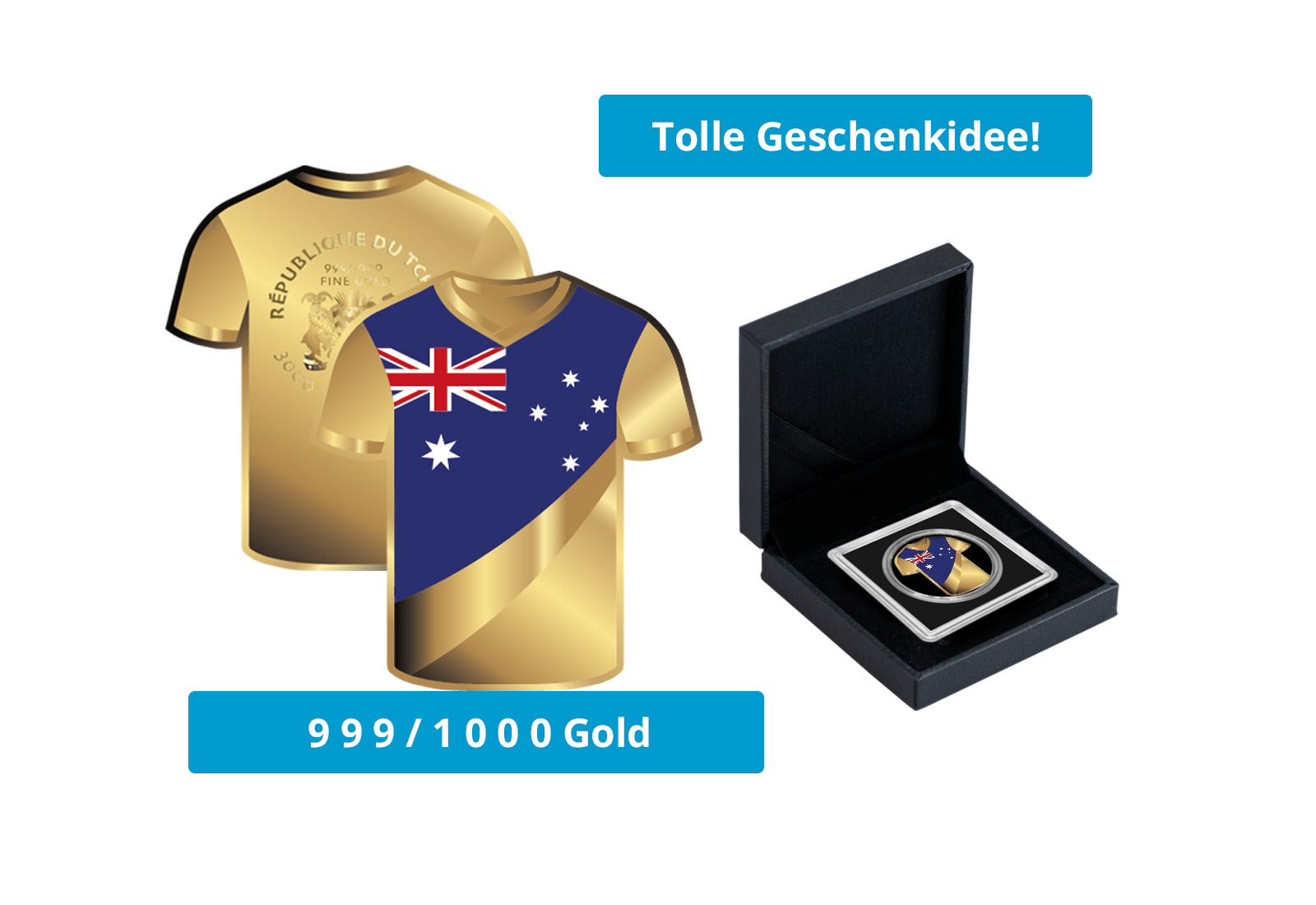 Goldmünze Motiv "Trikot Australien" 999/1000 Gold im Geschenketui