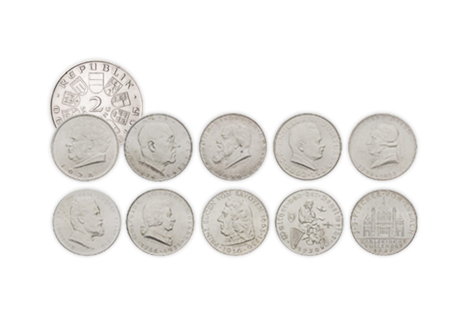 2 Schilling Silbermünzen 1928-1937 Österreich im 10er Set