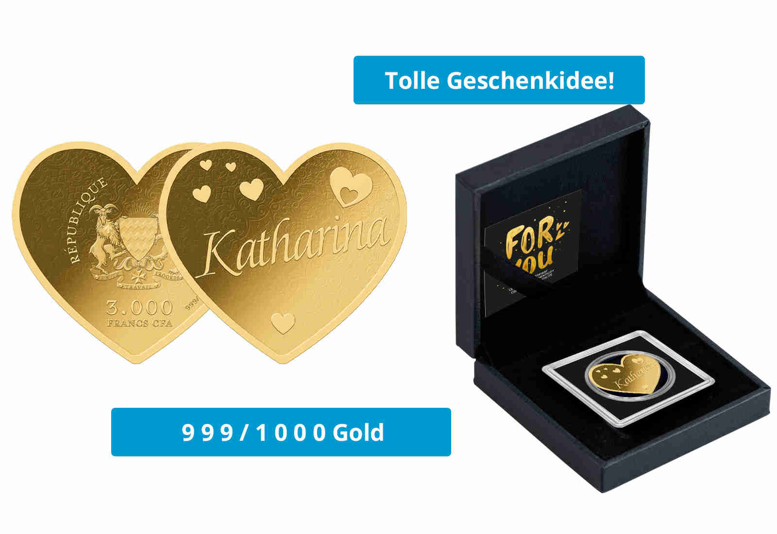 Goldmünze Motiv "Herz Katharina" 999/1000 Gold im Geschenketui