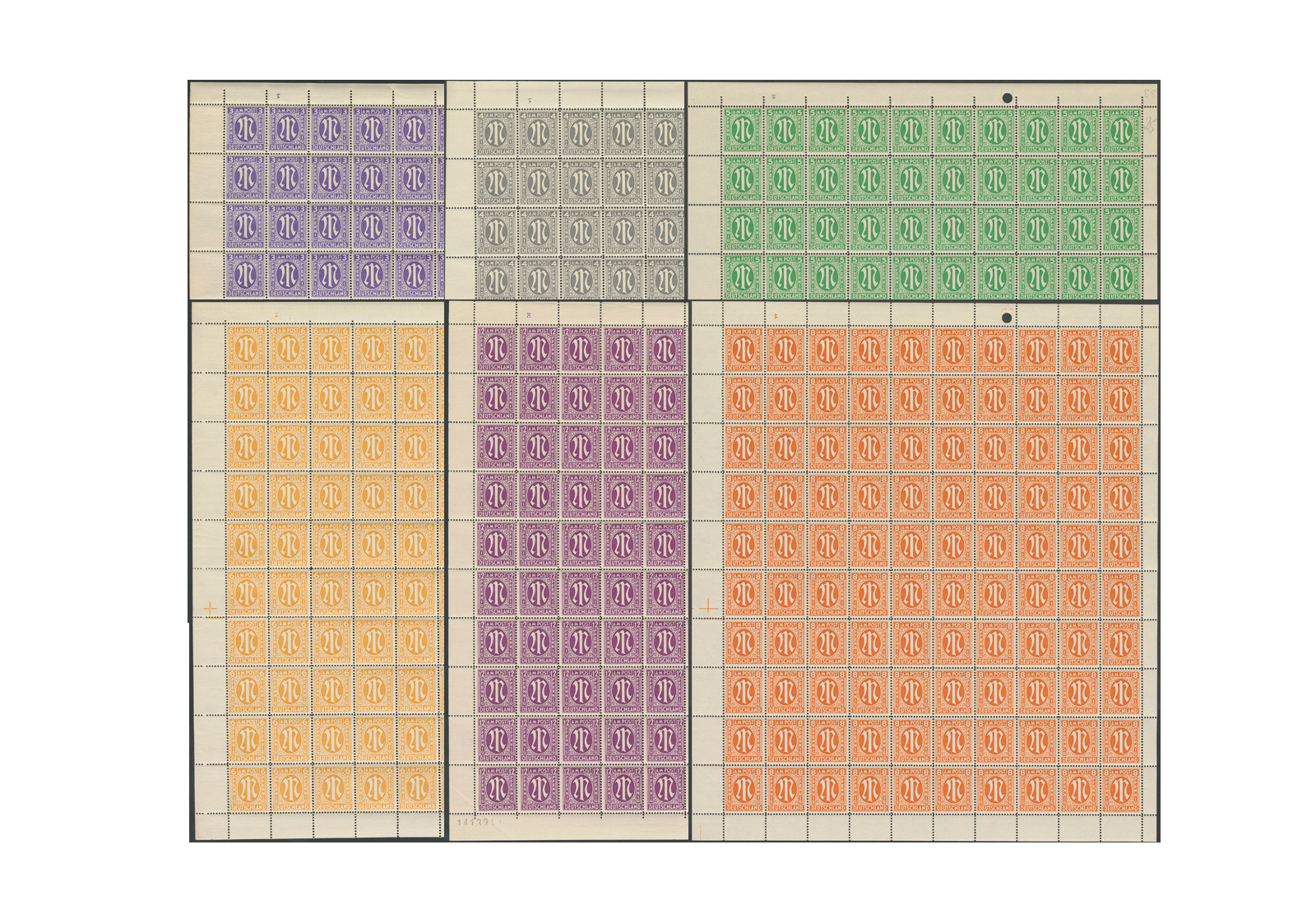 Briefmarke AM Post Mi-Nr. 10 -15 ** Bogen inkl. Mi-Nr. 14 Az, engl. Druck