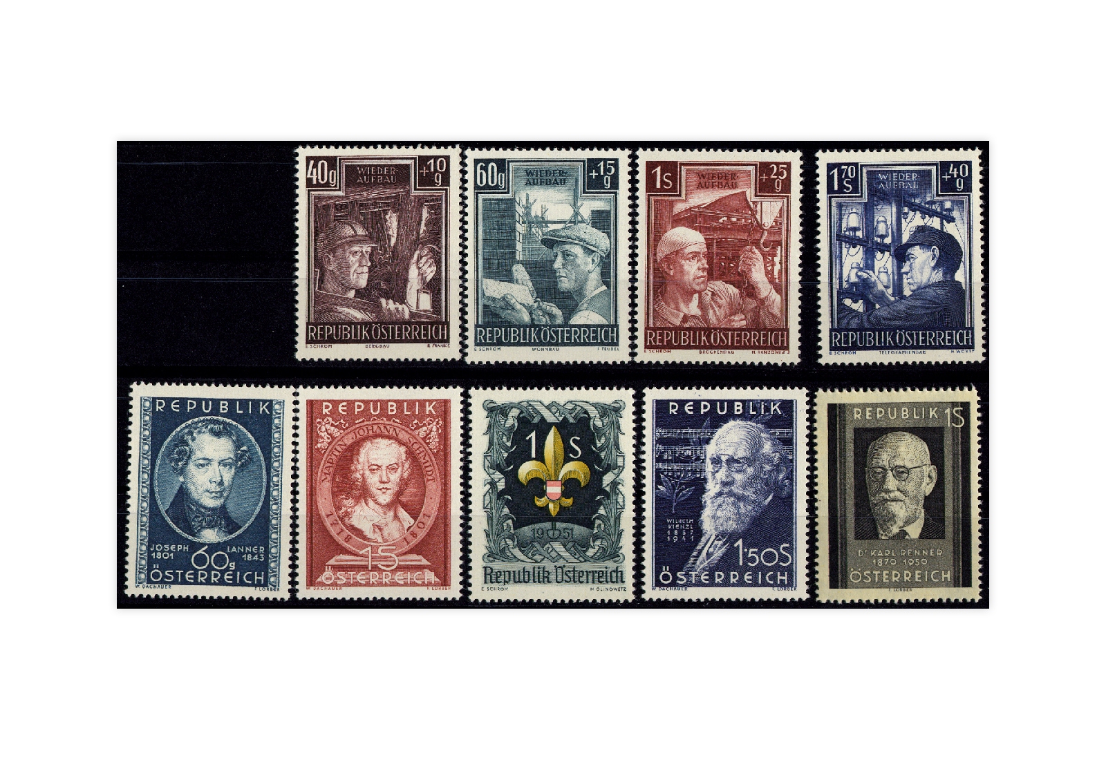 Österreich Mi.Nr. 959/967 Jahrgang 1951 postfrisch 9 Briefmarken