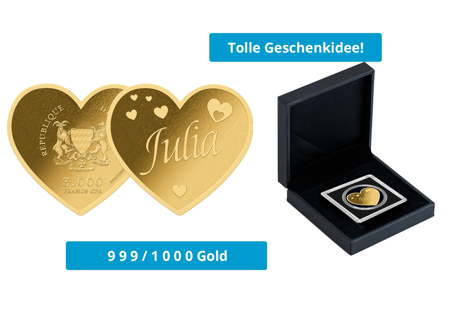 Goldmünze Motiv "Herz Julia" 999/1000 Gold im Geschenketui