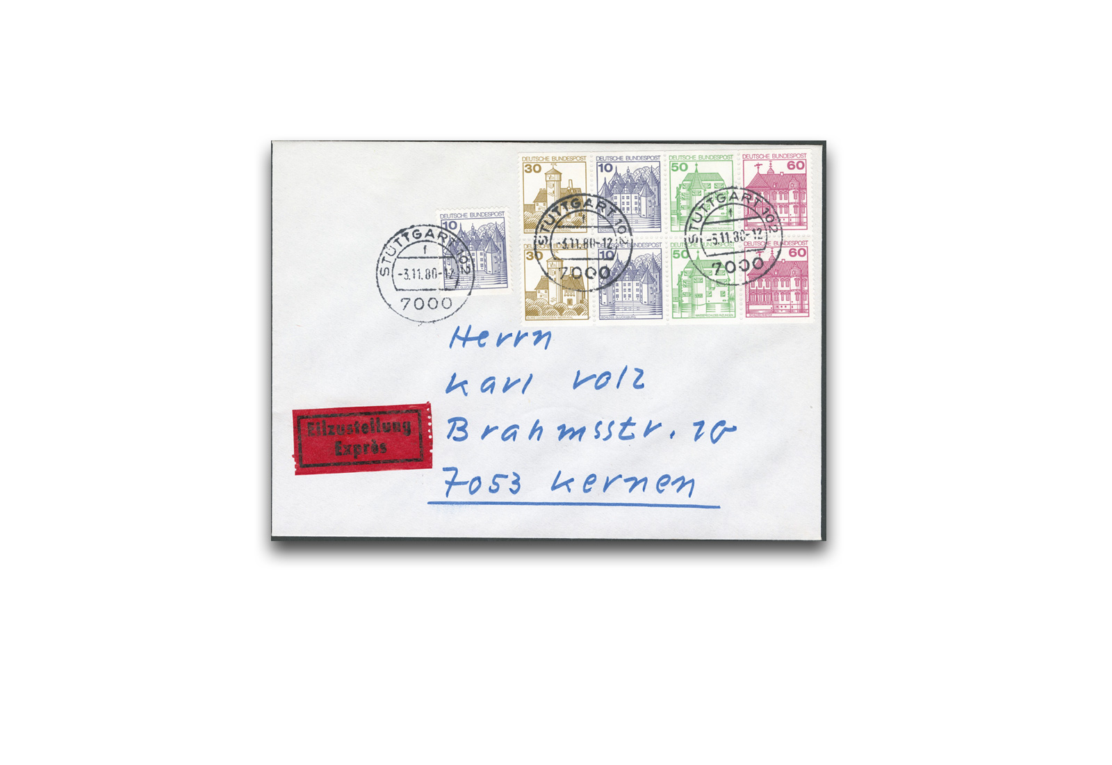 Briefmarken BRD Burgen und Schlösser H.-Blatt 28 auf Brief gestempelt