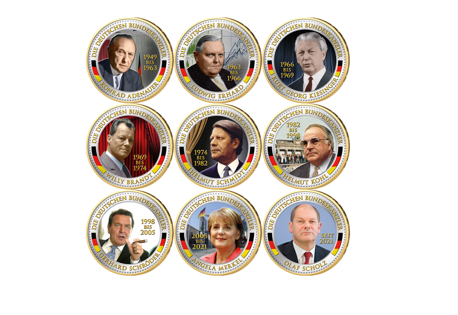 Bundespräsidenten und -Kanzler Kollektion mit Farbapplikation in Holzkassette inkl. Zertifikat