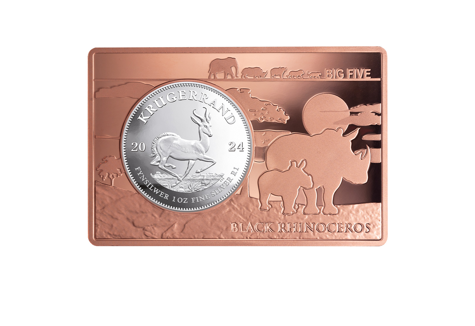 Krügerrand 1 oz Silber 2024 eingefasst in Barren mit Motiv Nashorn