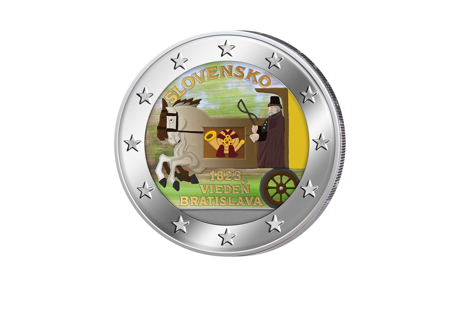 2 Euro 2023 Slowakei 200 Jahre Pferde-Expresspost Strecke Wien-Bratislava mit Farbmotiv