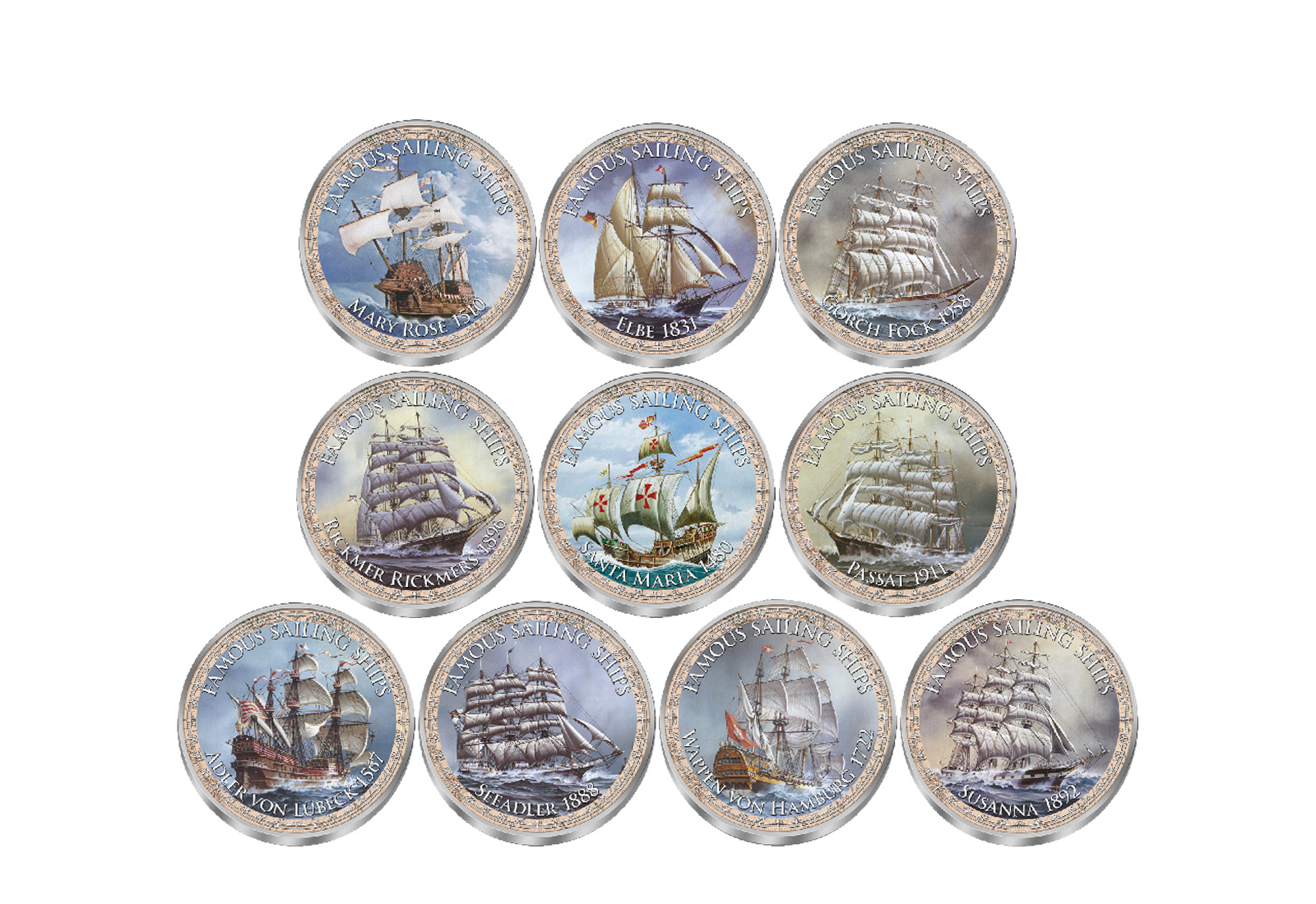 Berühmte Segelschiffe 10er Kollektion mit Farbmotiv im Etui inkl. Zertifikat