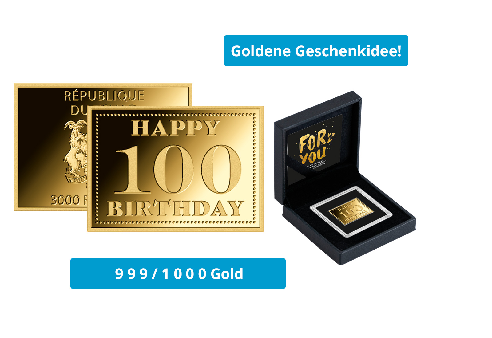 Goldmünze Motiv "Happy 100 Birthday" 999/1000 Gold im Geschenketui