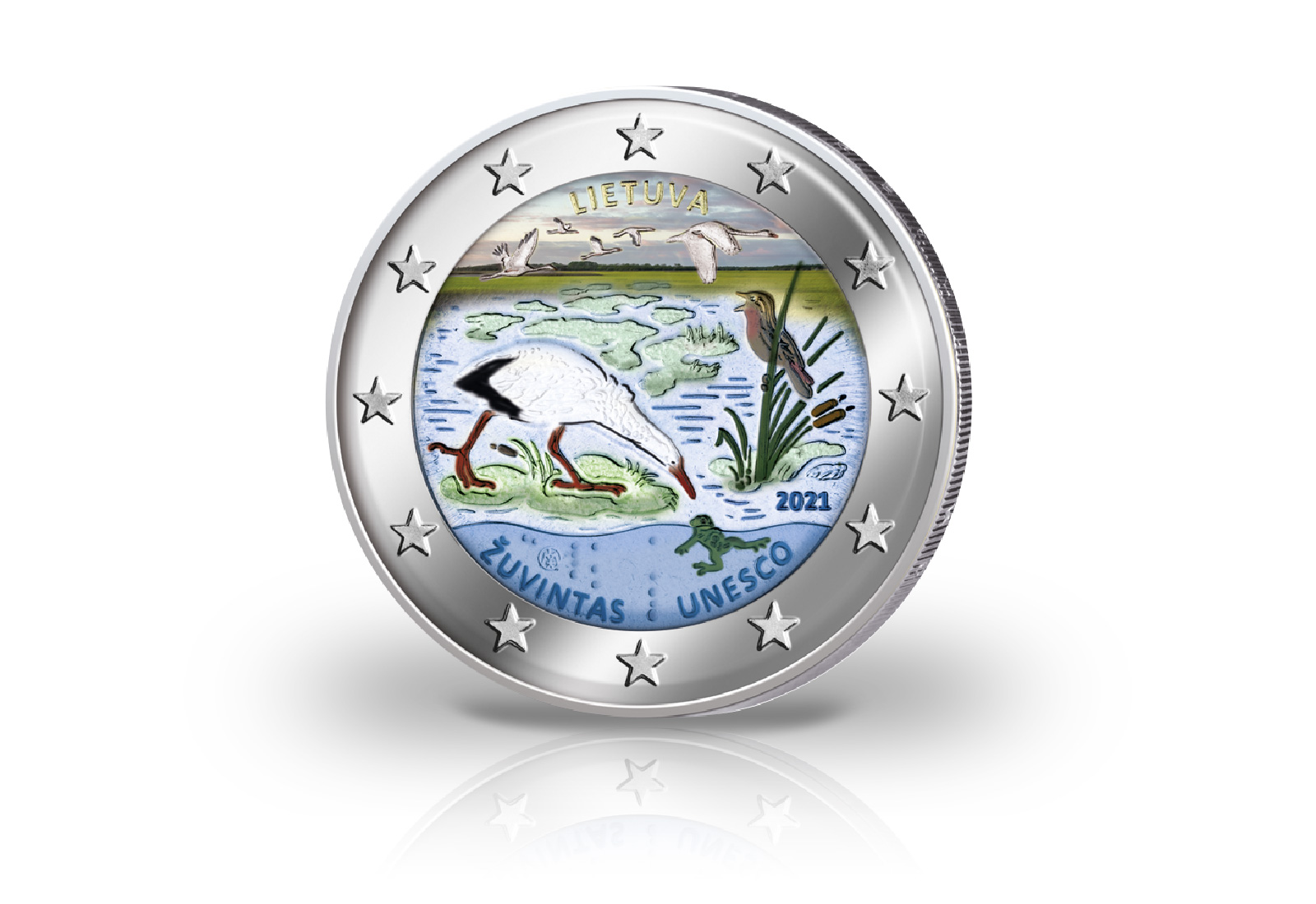 2 Euro 2021 Litauen Biosphärenreservat von Zuvintas mit Farbmotiv