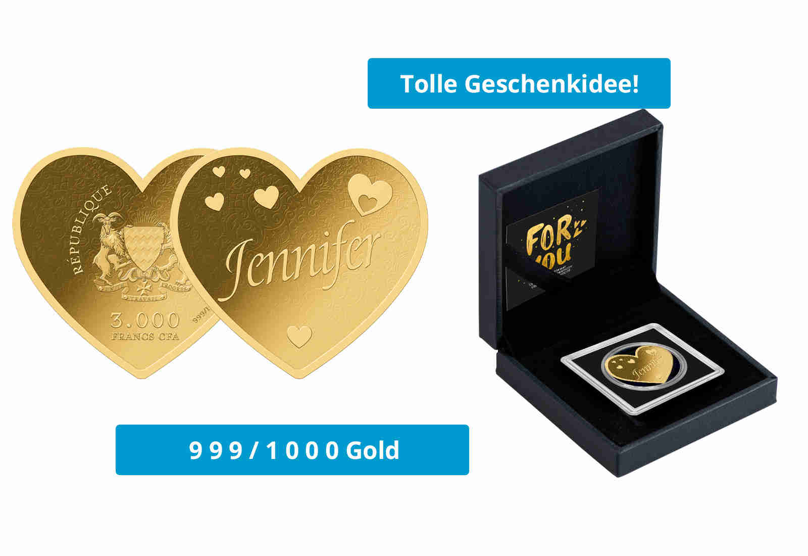 Goldmünze Motiv "Herz Jennifer" 999/1000 Gold im Geschenketui