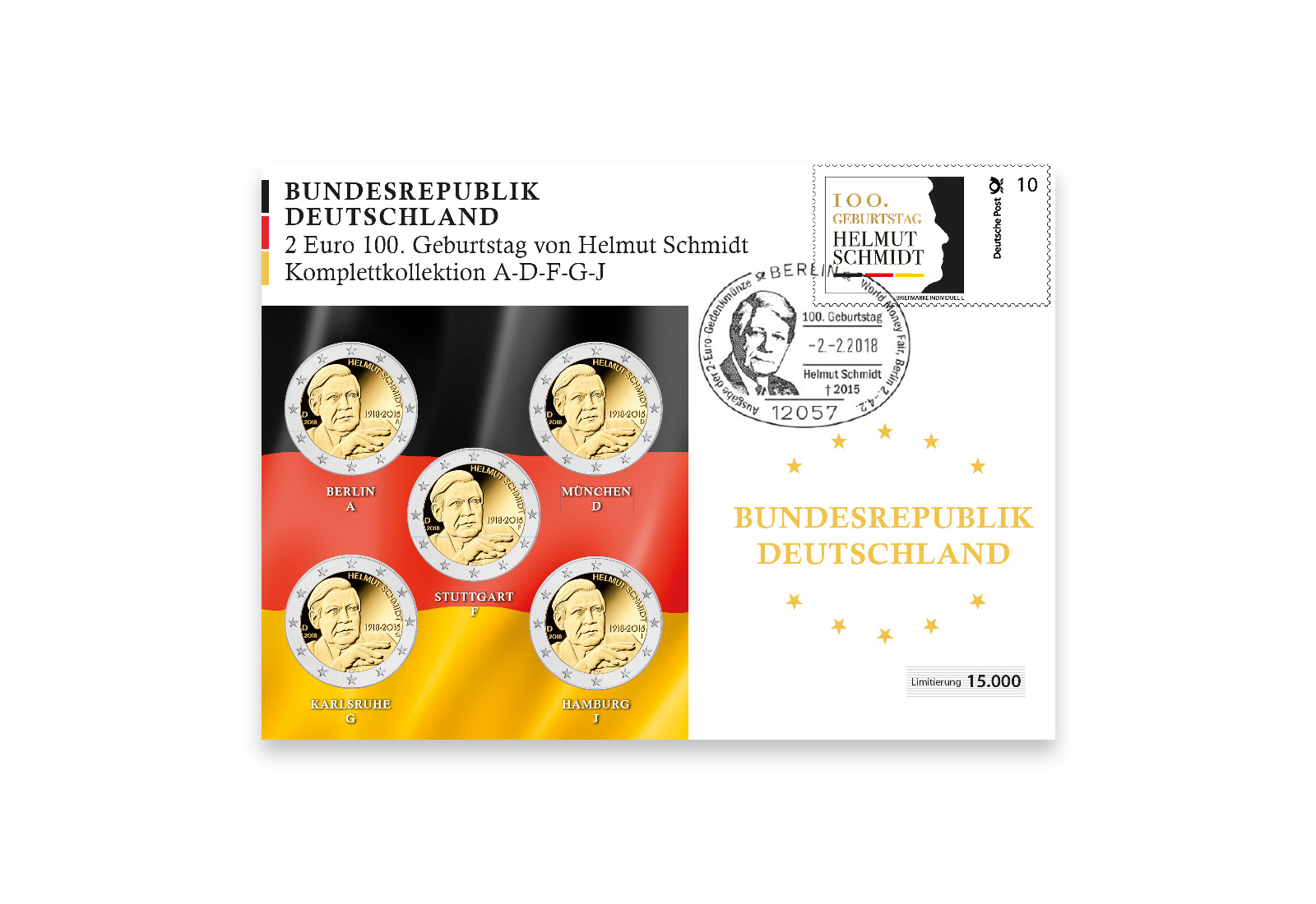 Numisbrief 2018 Deutschland Helmut Schmidt Komplettkollektion - Prägestätte A-J