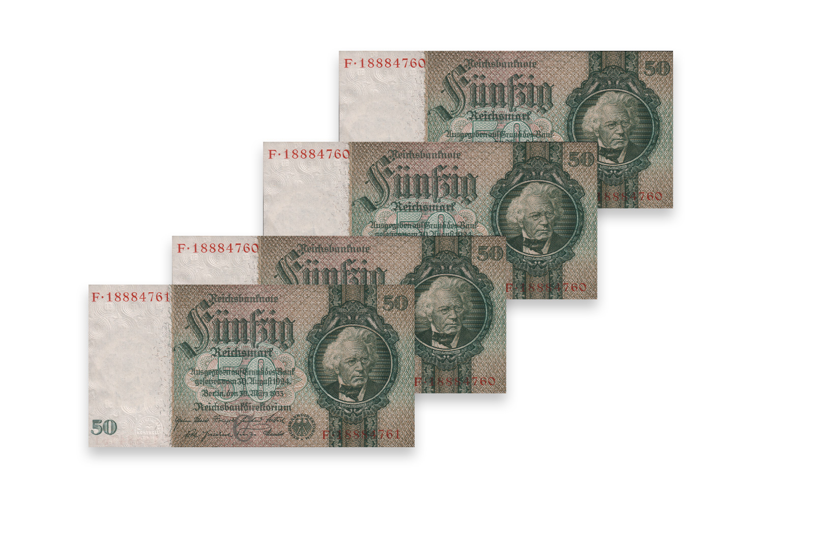 50 Reichsmark Banknoten Udr.Bst. C 4 aufeinander folgende Nummern Ros 175b Weimarer Republik 1933