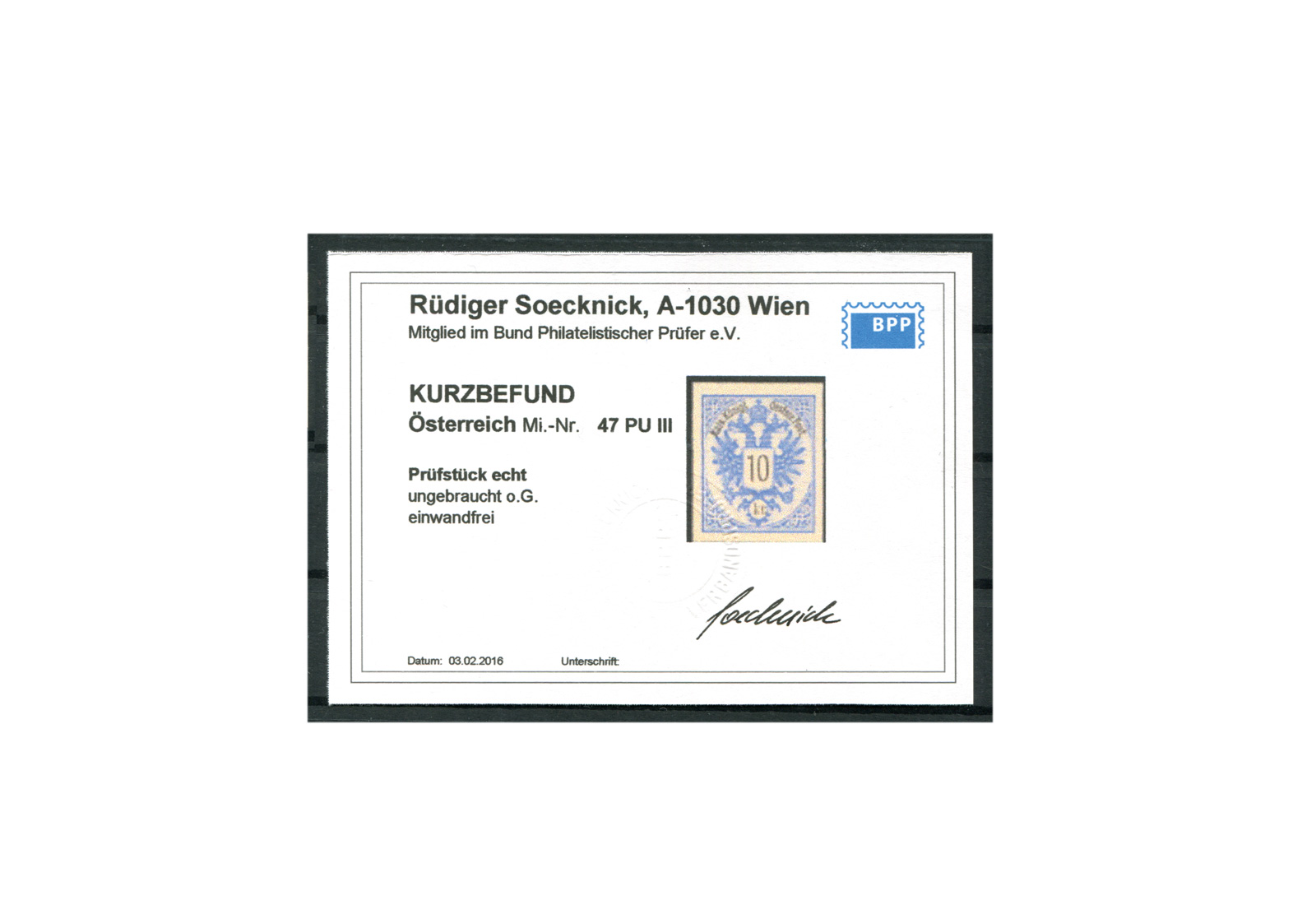 Briefmarke Österreich 10 Kreuzer Doppeladler 1883 Michel-Nr. 47 PU III ungezähnt Fotobefund