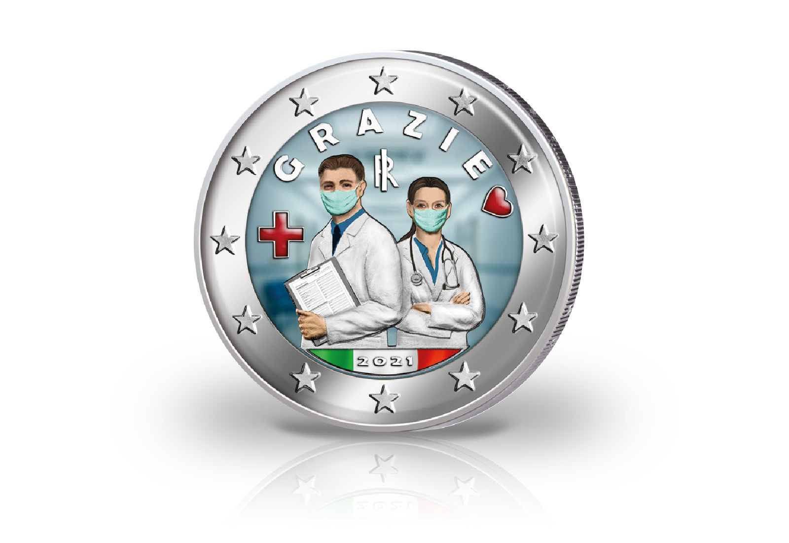 2 Euro 2021 Italien Berufe im Gesundheitswesen mit Farbmotiv
