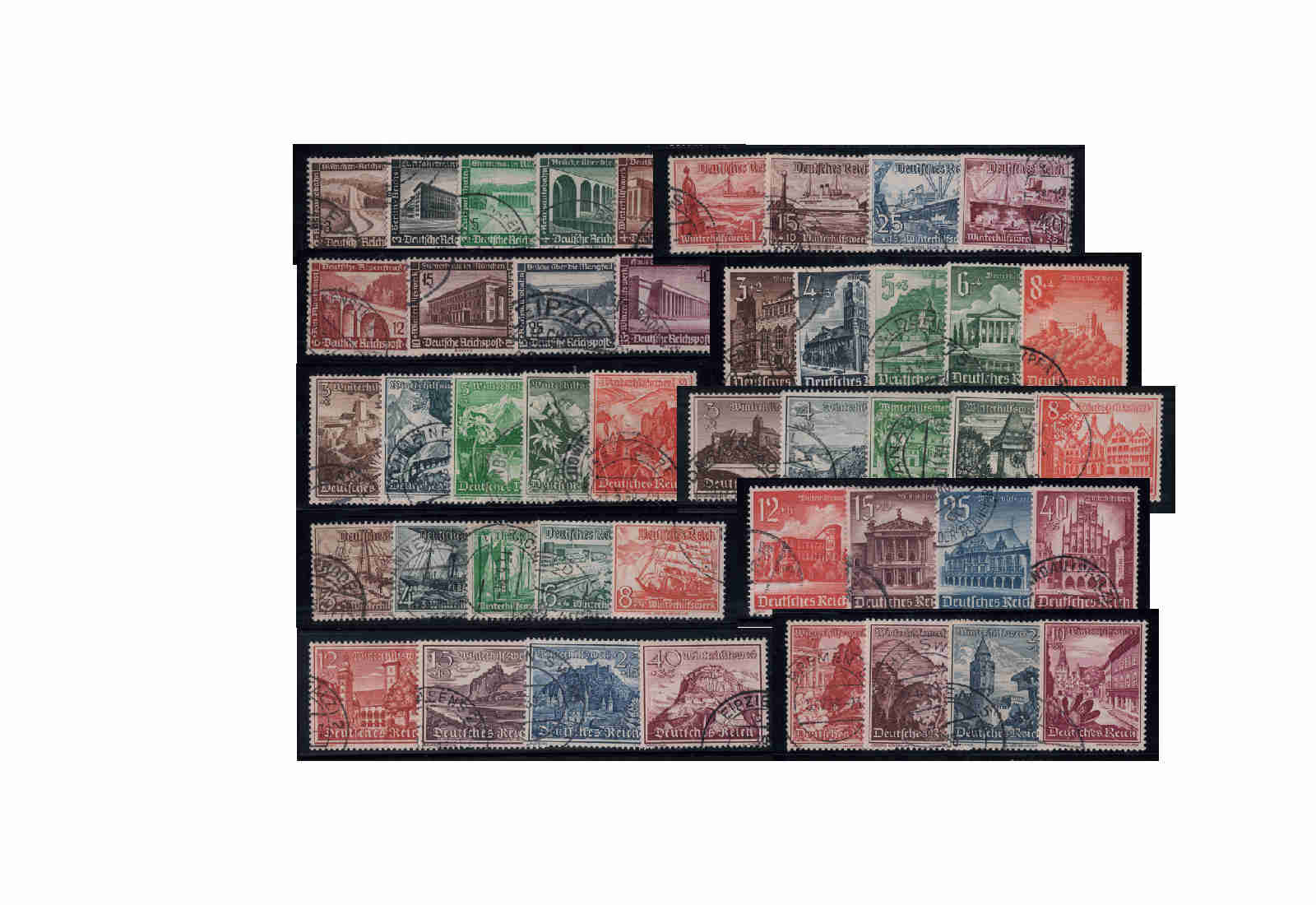 Briefmarkensätze Deutsches Reich Winterhilfswerk 1936-1940 Michel Nr. 634/42, 651/59, 675/83, 730/38, 751/9 gestempelt