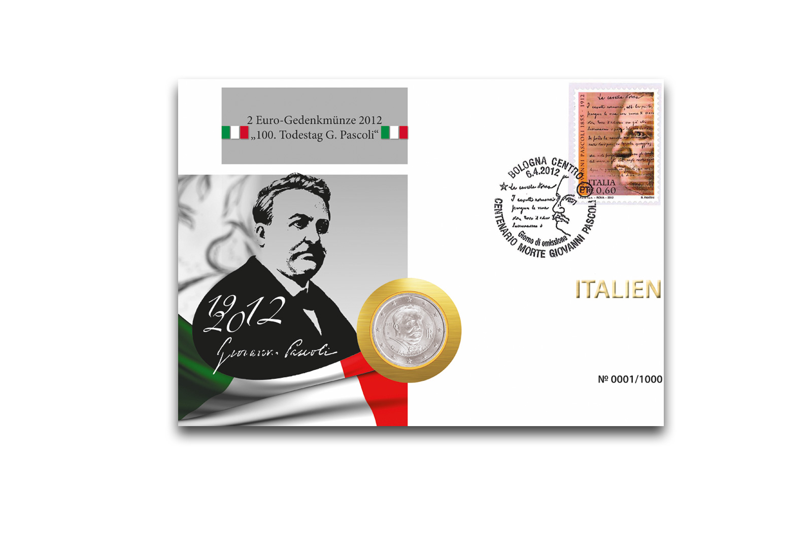 Numisbrief Italien mit 2 Euro 2012 100. Todestag G. Pascoli platiniert