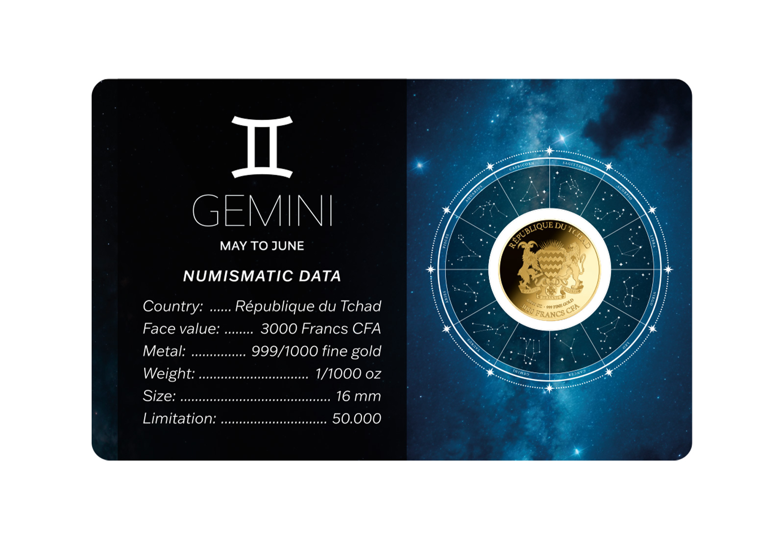 Goldmünze Sternzeichen Zwillinge Coincard 999/1000 Gold Geschenk