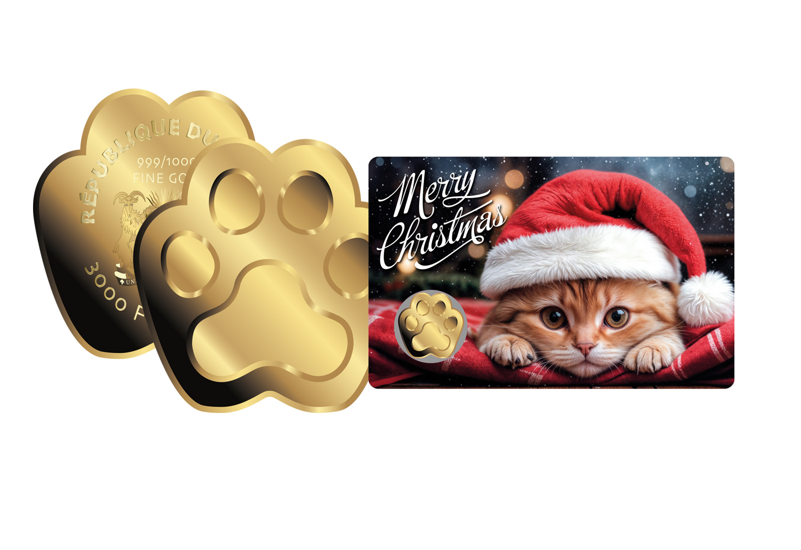 Goldmünze Motiv "Katze mit Weihnachtsmütze" Coincard 999/1000 Gold Geschenk