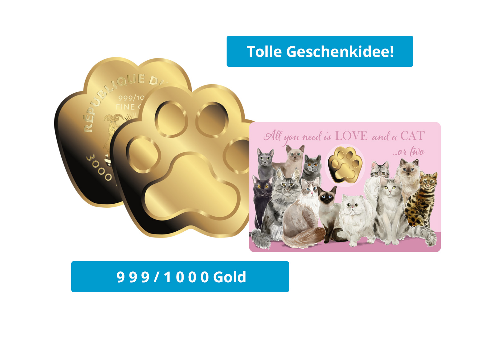 Ein charmantes Geschenk für Katzenfreunde - in edler Goldprägung
Diese liebevoll gestaltete Coincard zeigt eine Vielzahl unterschiedlicher Katzenrassen auf einem sanft rosafarbenen Hintergrund. Im Zentrum der Vorderseite befindet sich eine Goldmünze in