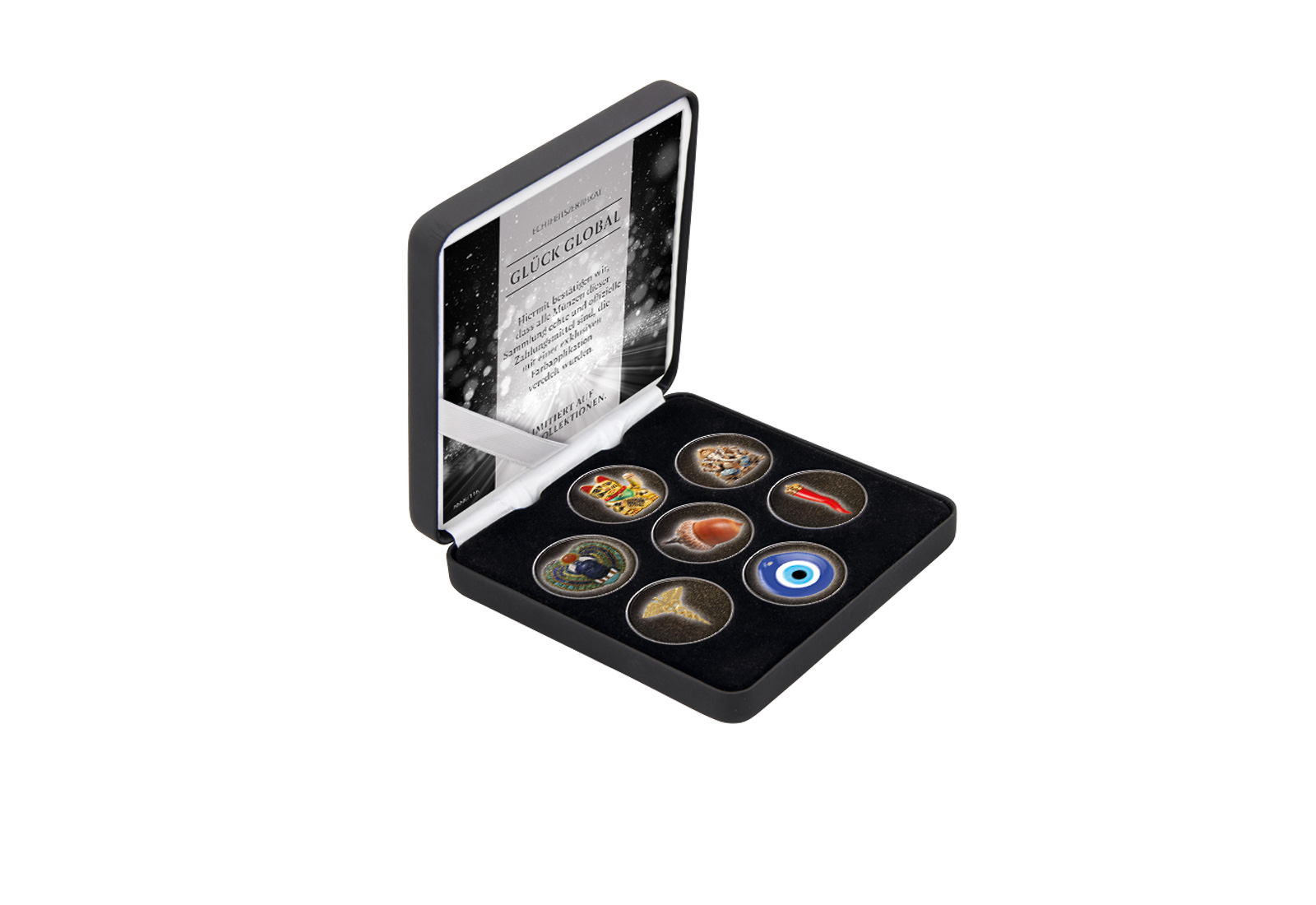 Globale Glückssymbole 7er Kollektion mit Farbapplikation im Etui inkl. Zertifikat