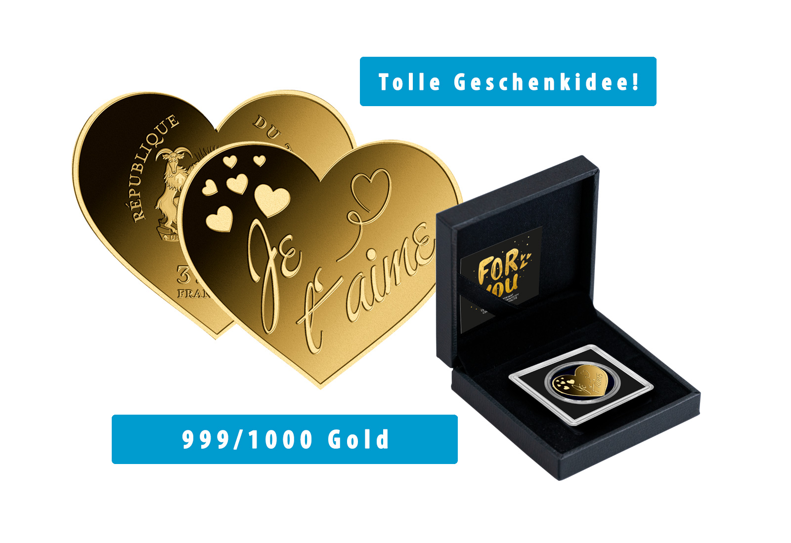 Goldmünze Motiv "Je t'aime" 999/1000 Gold Geschenk