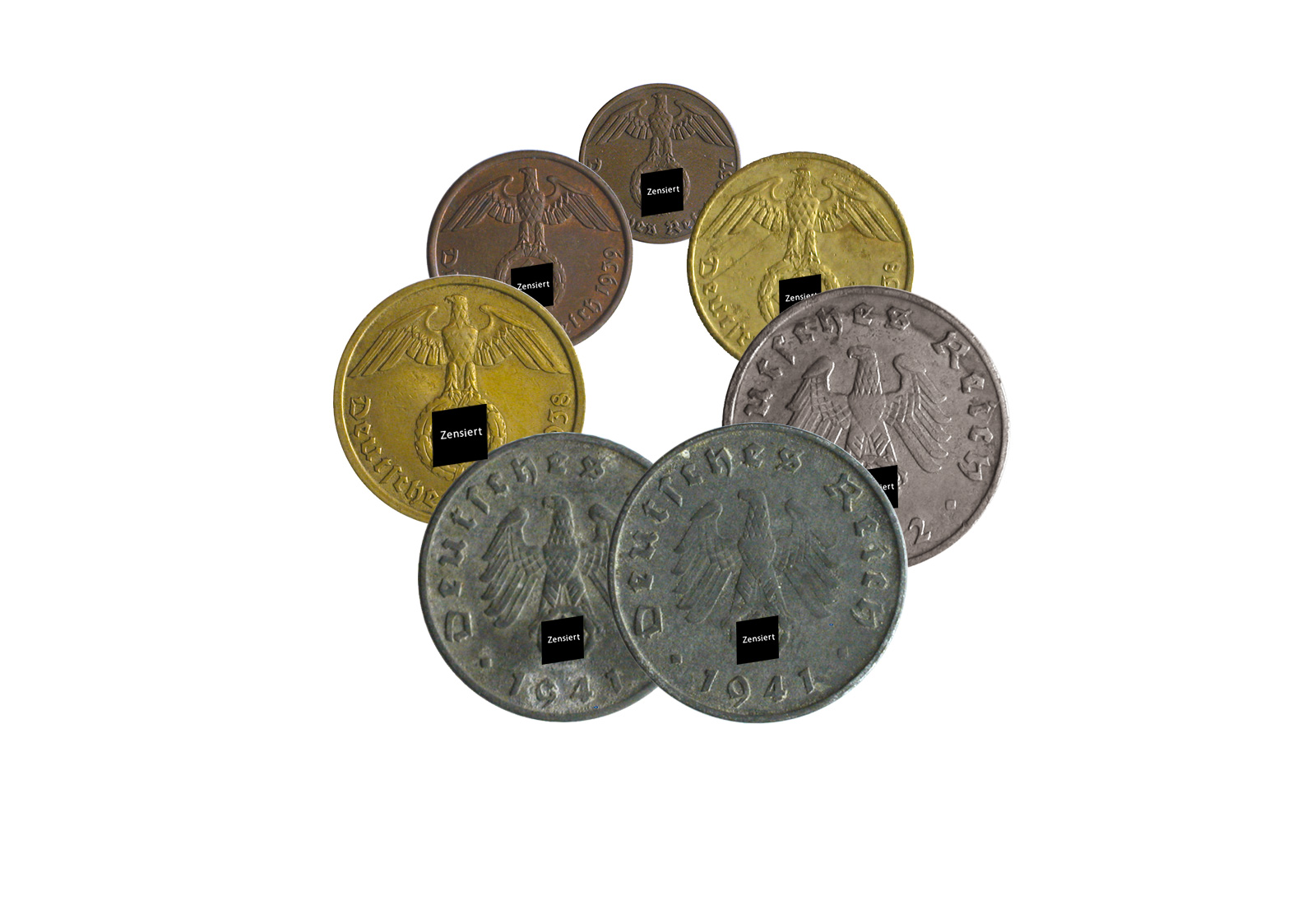 Münzen - Lot Drittes Reich 7 Münzen Jaeger-Nr. 361,362,363,364,369,370,371 mit Beschreibung