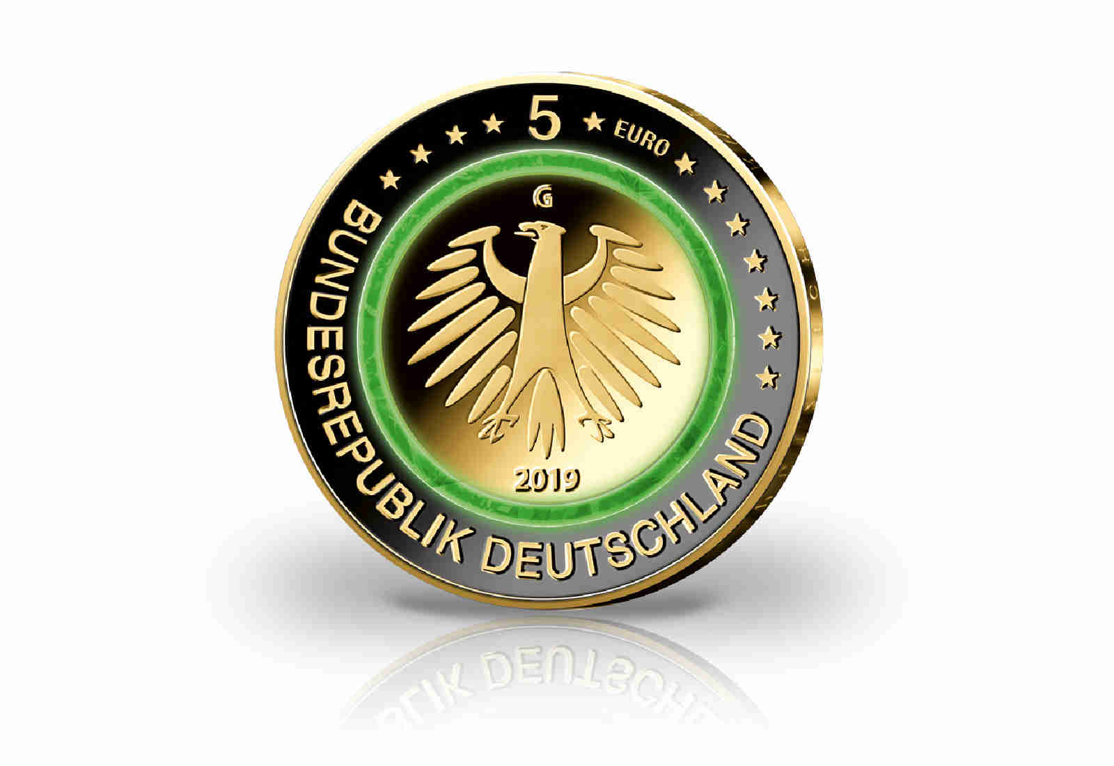 5 Euro 2019 Deutschland Gemässigte Zone mit Rhodium und 24 Karat Goldauflage