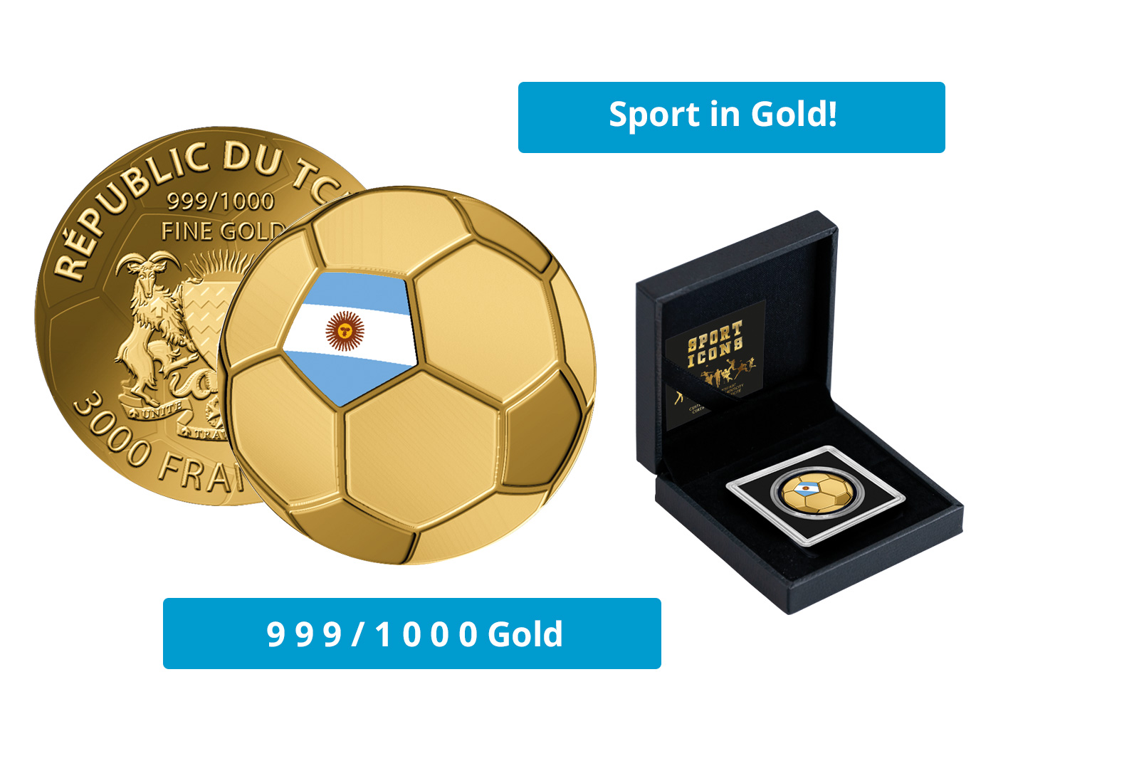 Goldmünze Motiv "Fußball Argentinien" 999/1000 Gold im Geschenketui