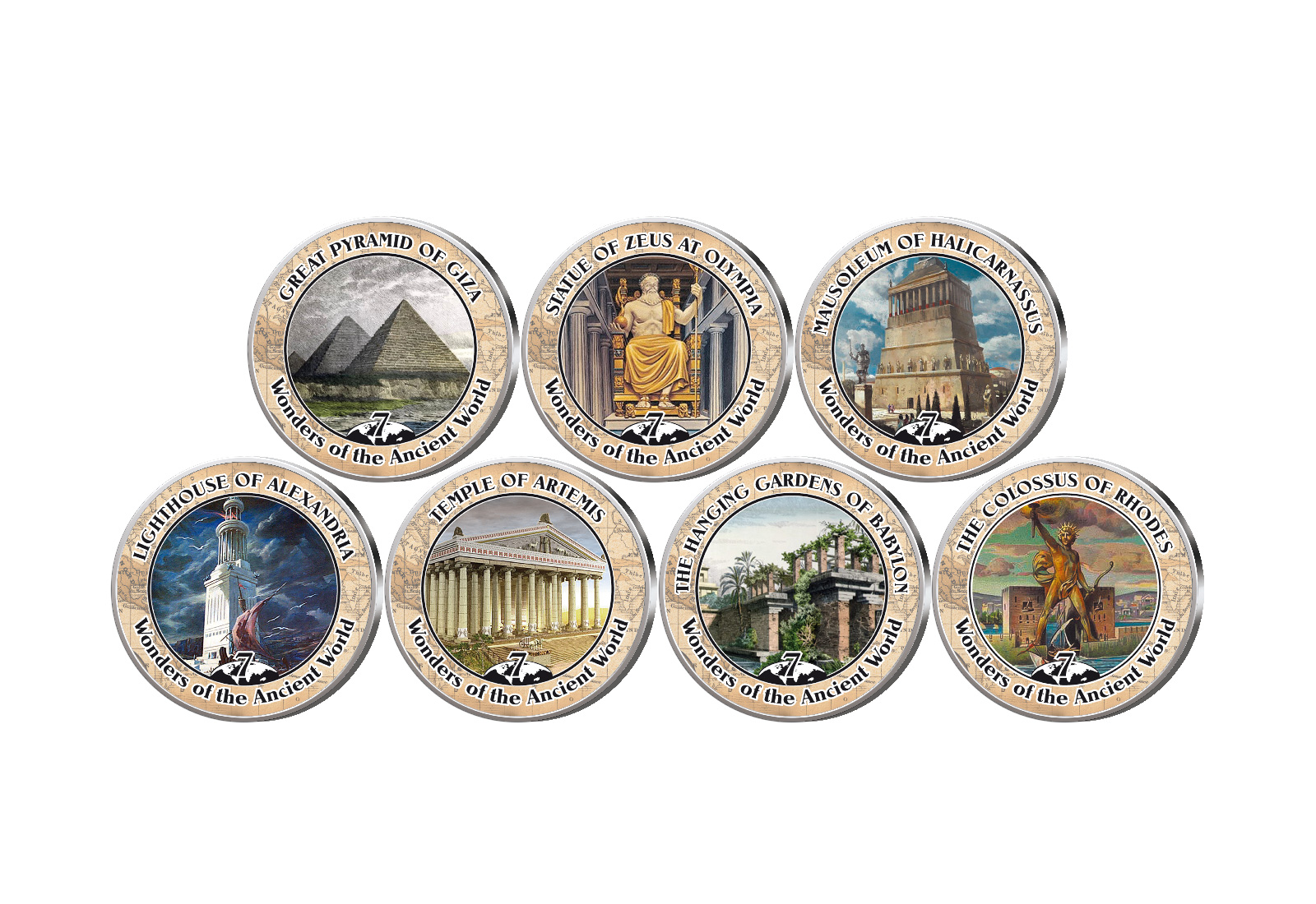 7 Weltwunder der Antike 7er Kollektion mit Farbapplikation im Etui inkl. Zertifikat