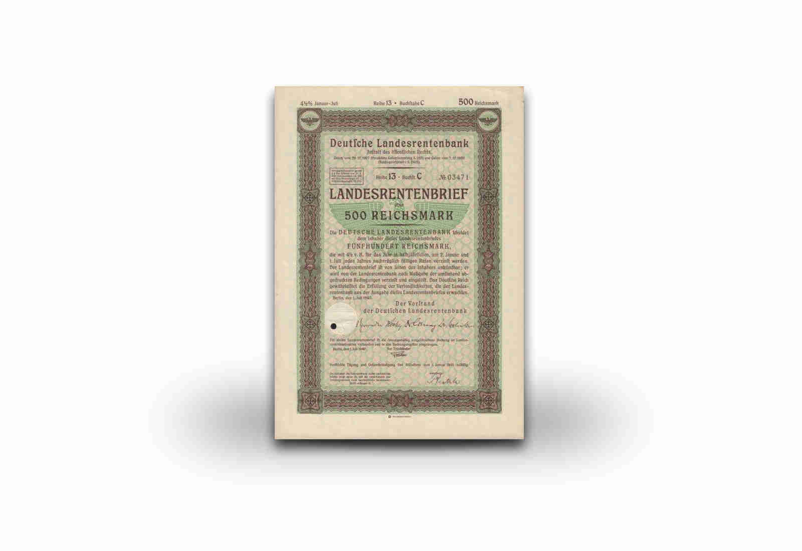 500 Reichsmark Landesrentenbrief mit Hoheitszeichen des Dritten Reiches