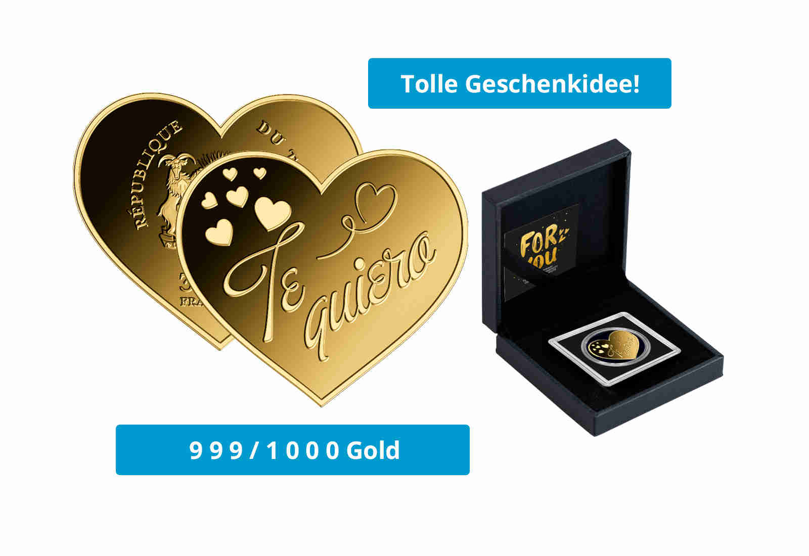 Goldmünze Motiv "Herz Te Quiero" 999/1000 Gold Geschenk