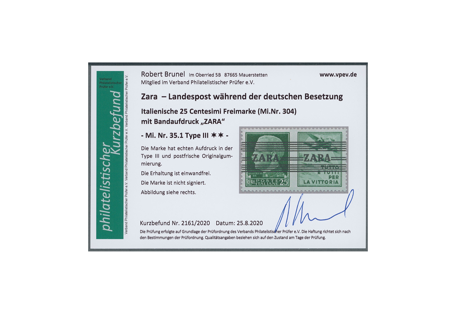 Briefmarke Deutsches Reich Zara Freimarke 1943 Michel-Nr. 35.1 Type III postfrisch Fotobefund