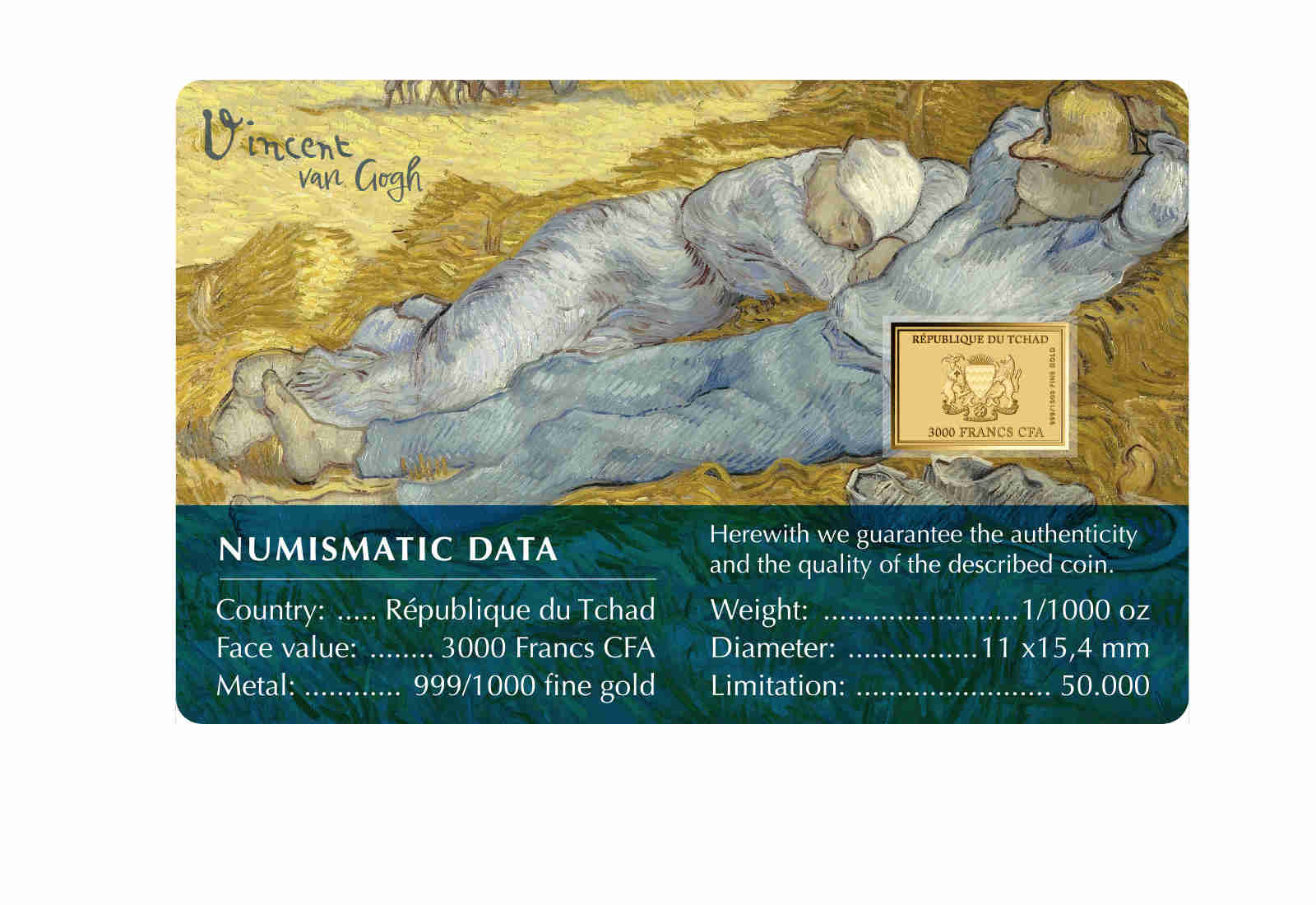 Goldmünze Motiv "Mittagsrast - Vincent van Gogh" Coincard 999/1000 Gold Geschenk