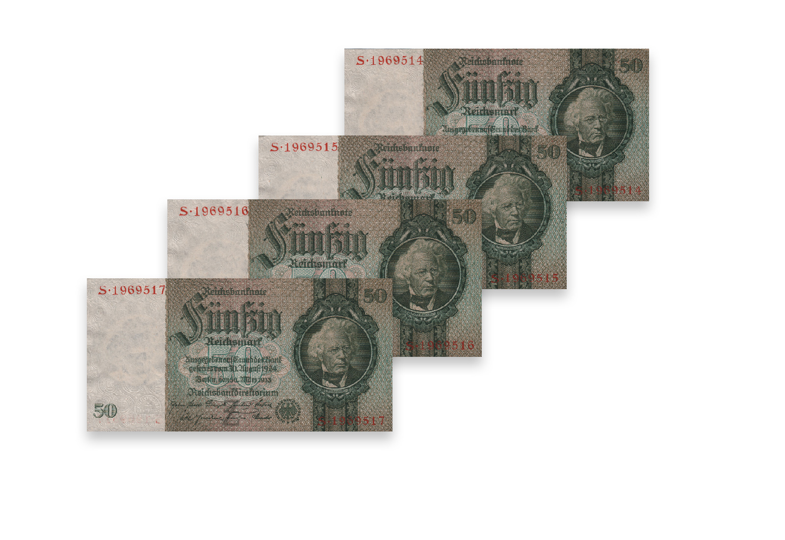 50 Reichsmark Banknoten Udr.Bst. Z 4 aufeinander folgende Nummern Ro. 175a Weimarer Republik 1933