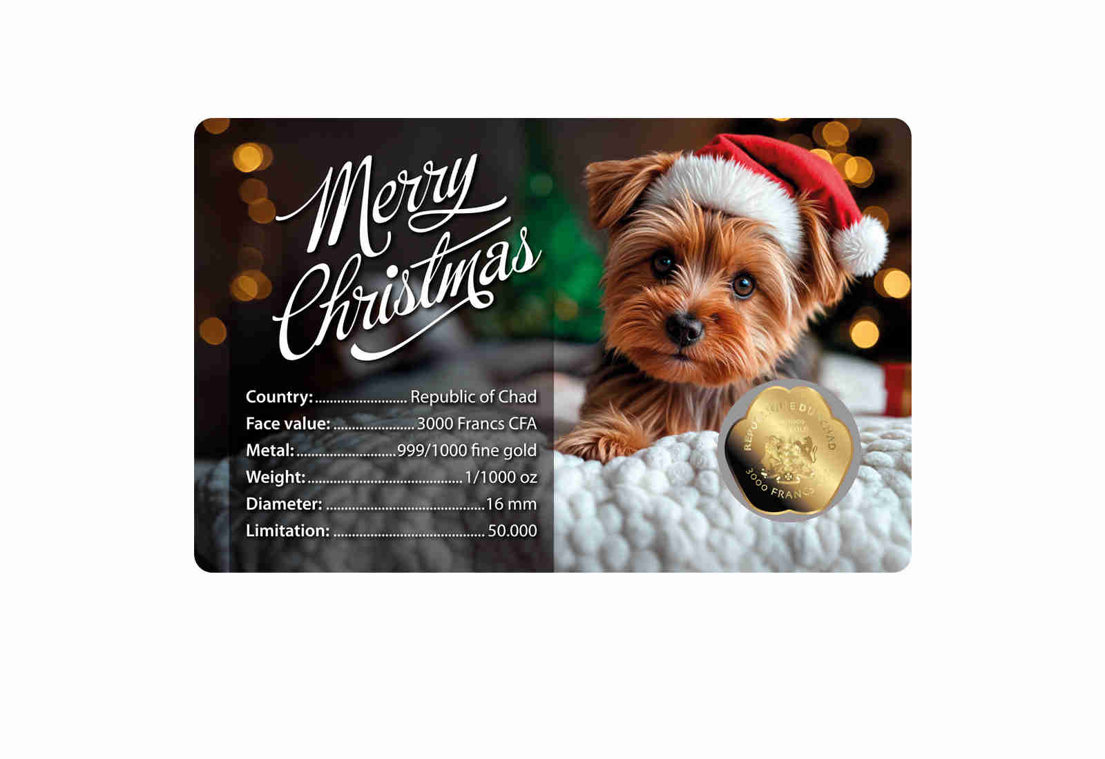 Goldmünze Motiv "Hund mit Weihnachtsmütze" Coincard 999/1000 Gold Geschenk