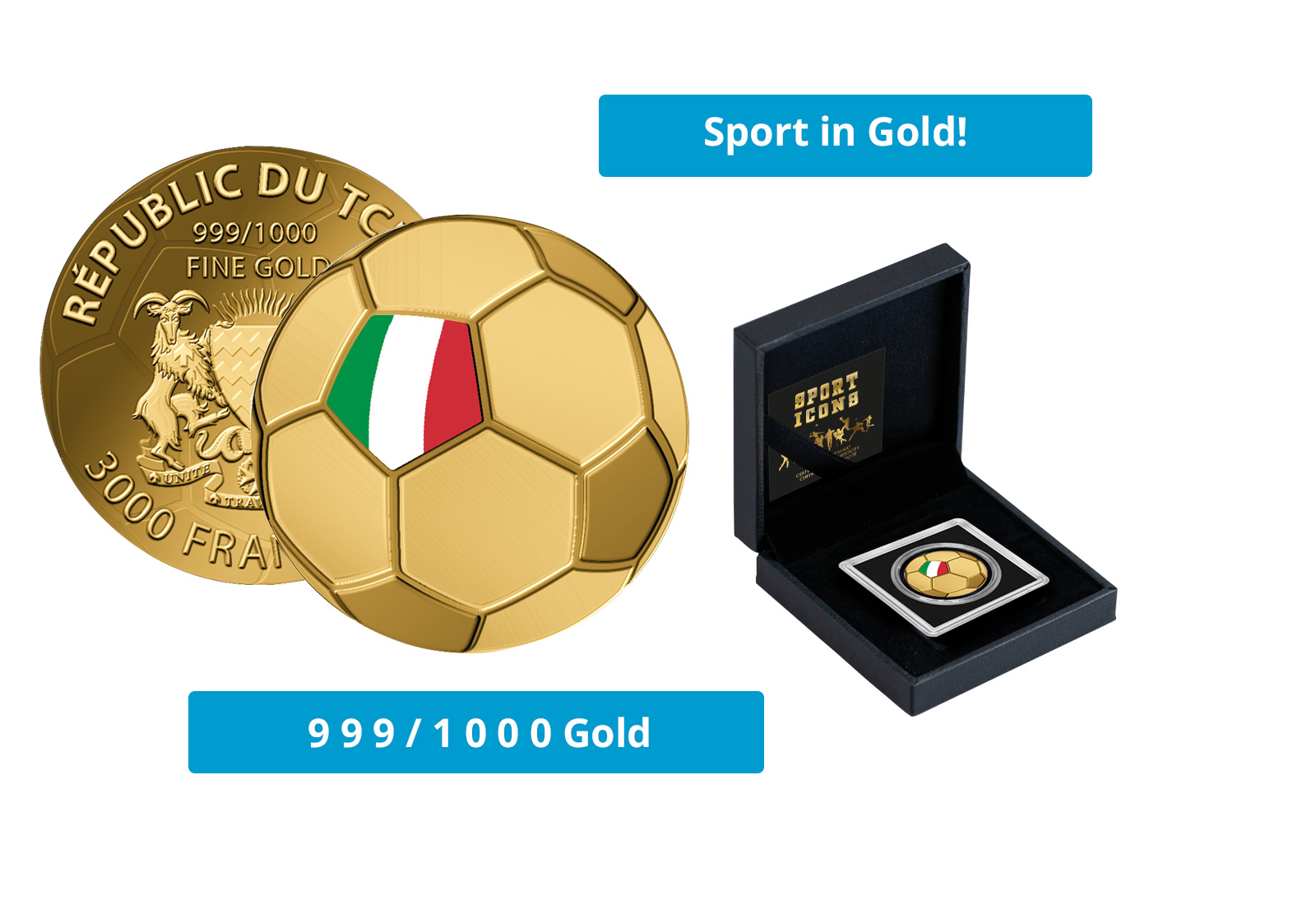 Goldmünze Motiv "Fußball Italien" 999/1000 Gold im Geschenketui