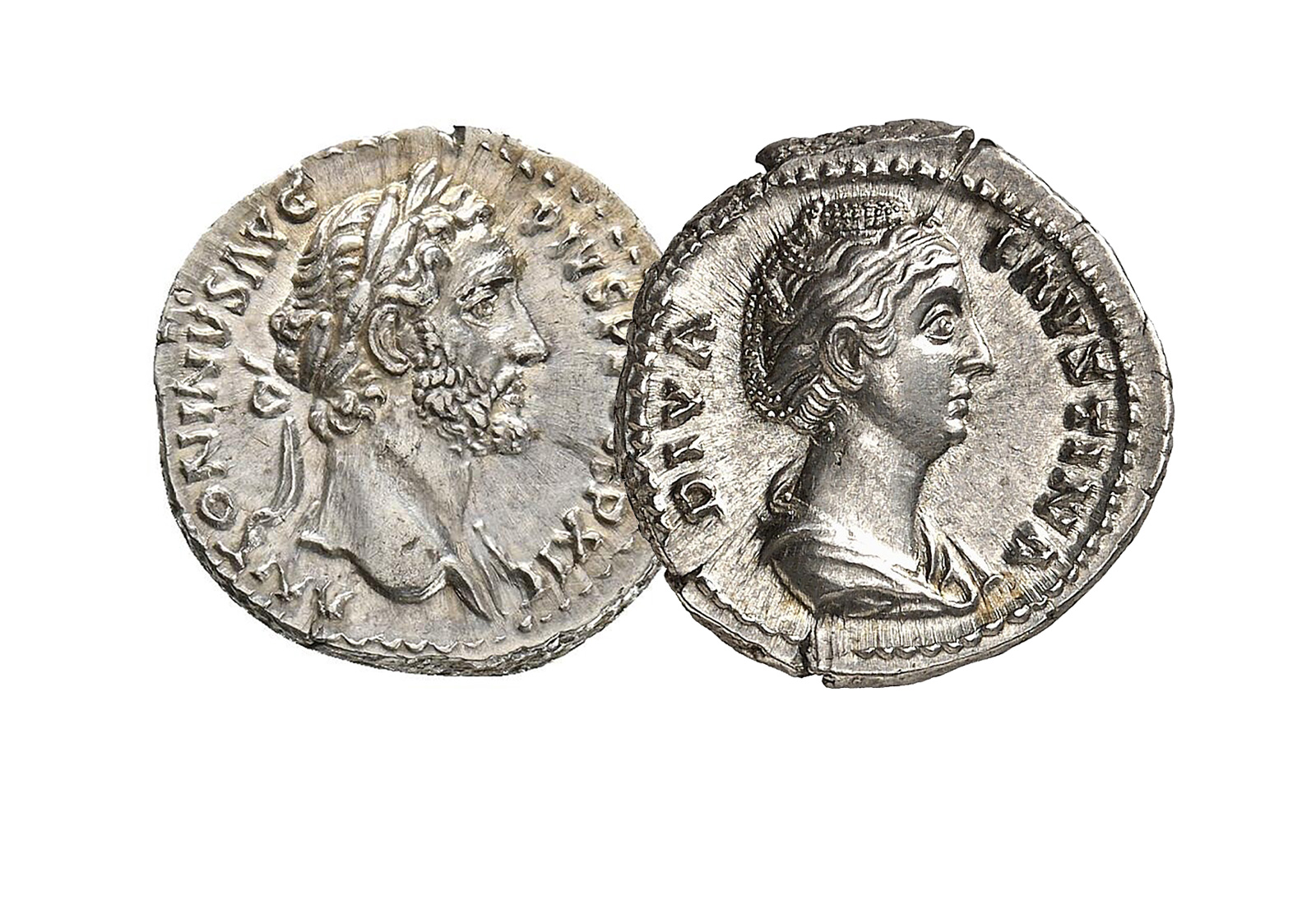 2er Set Silberdenar 138-161 n.Chr Antoninus Pius Faustina Maior im Etui mit Zertifikat