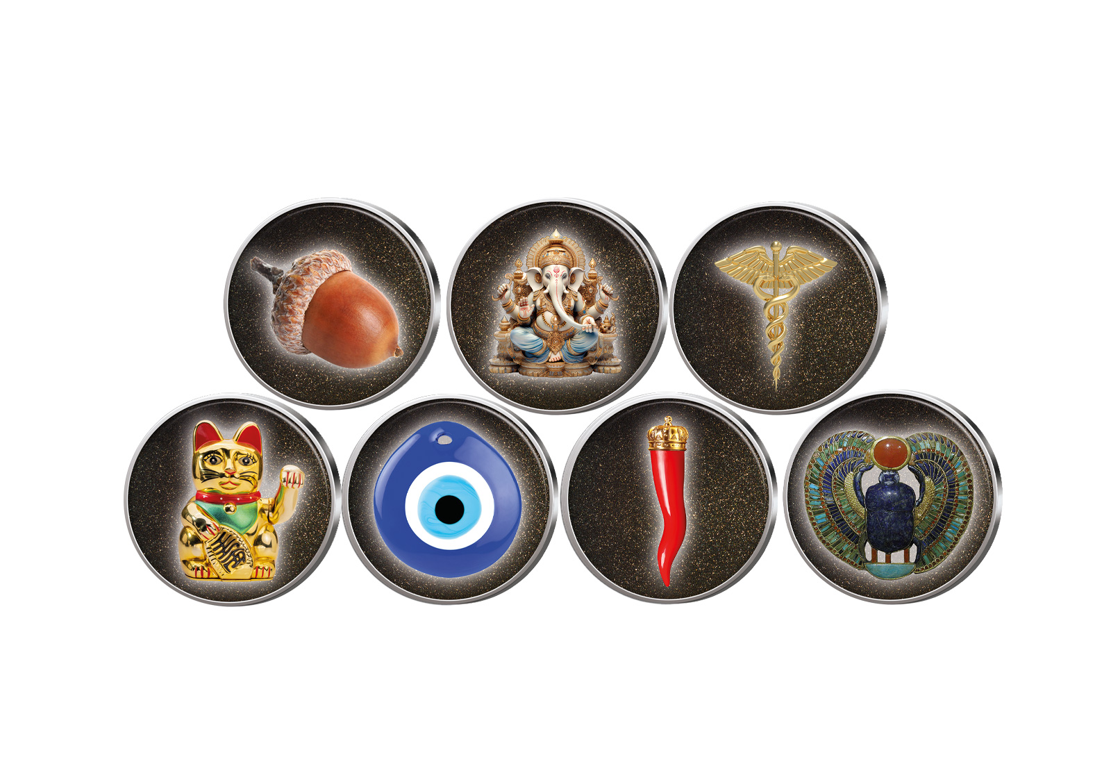 Globale Glückssymbole 7er Kollektion mit Farbapplikation im Etui inkl. Zertifikat