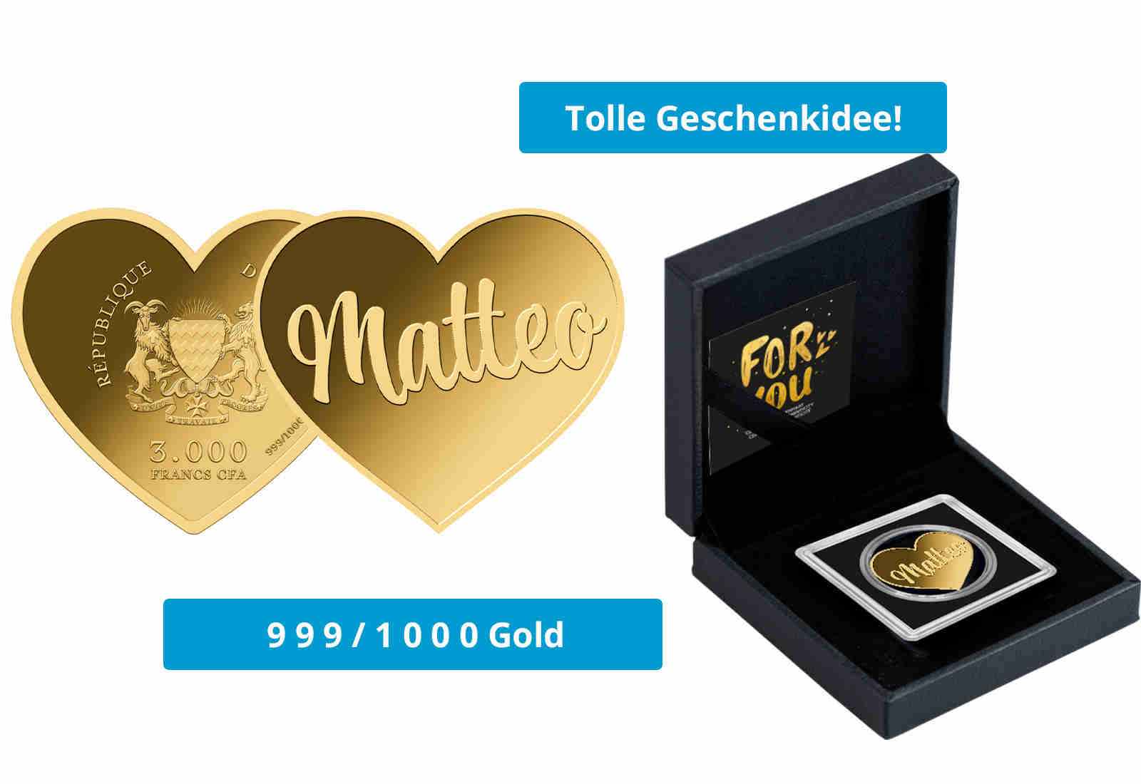 Goldmünze Motiv "Herz Matteo" 999/1000 Gold im Geschenketui