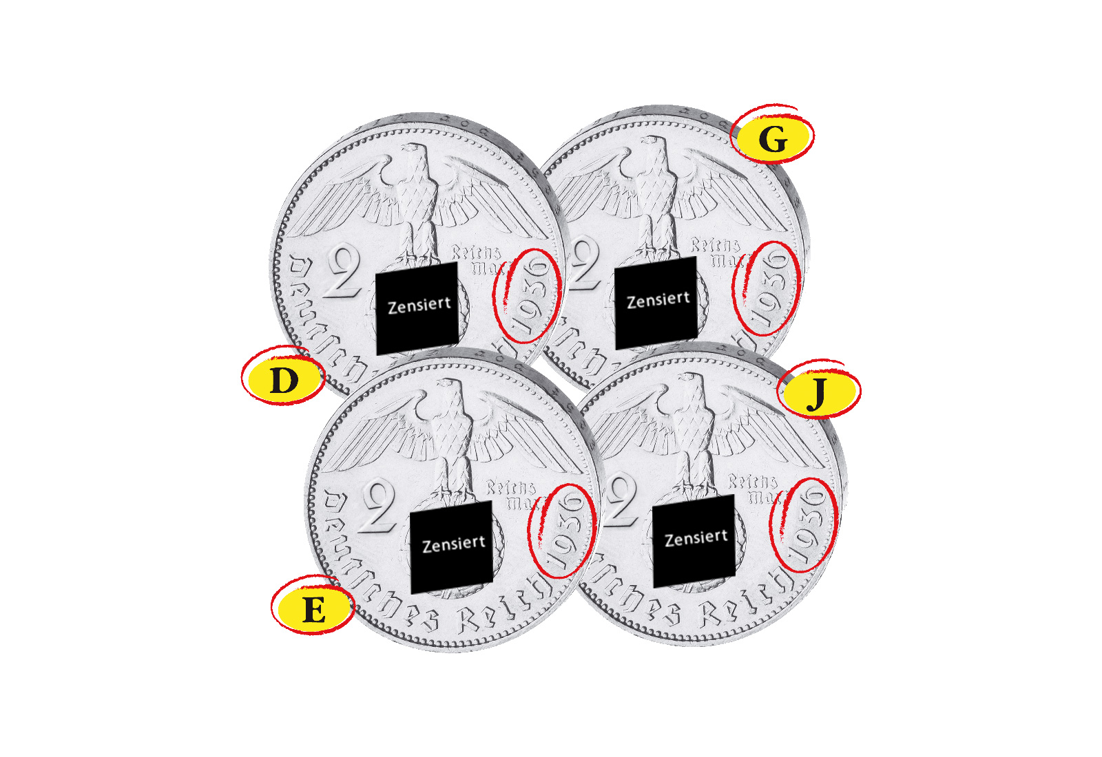 2 Reichsmark 1936 Drittes Reich Hindenburg 4er Set Jaeger-Nr. 366