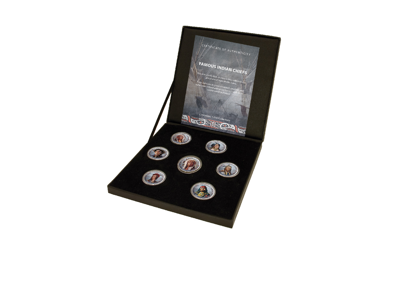 Berühmte Indianerhäuptlinge 7er Kollektion mit Farbapplikation im Etui